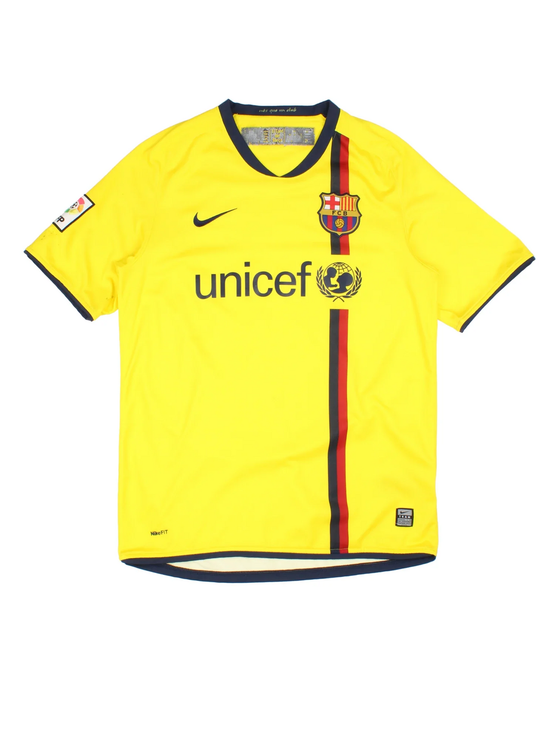 20008/09 Barcelona Nike Football Shirt in the yellow away kit colourway, features embroidered logos and badge on the front and La Liga crest on the sleeve.