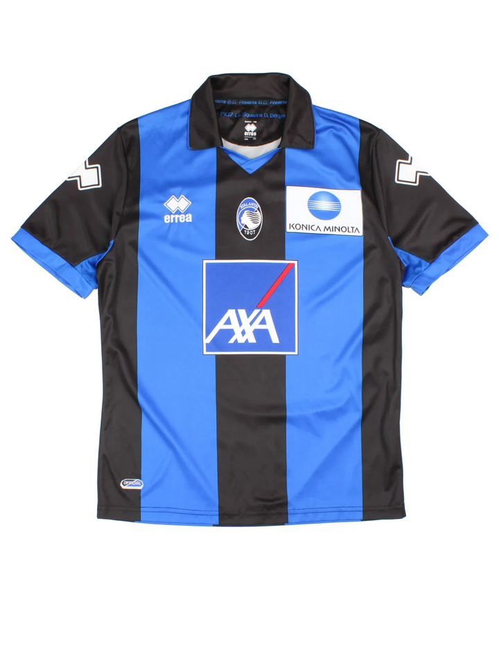 2012/13 Atalanta Vintage Football Shirt in a blue  and black stripe colourway, features embroidered logos and badge on the front, collar and large sponsor on the front also.
