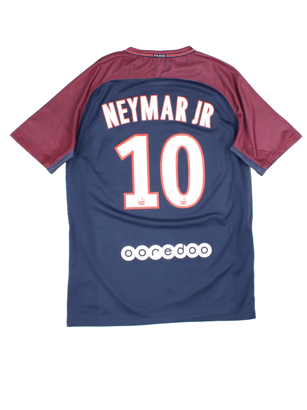 2017/18 PSG Nike Football Shirt in a blue colourway with red detailing over shoulders and front, features embroidered logos and badge on the front, player name NEYMAR JR #10 on the back.