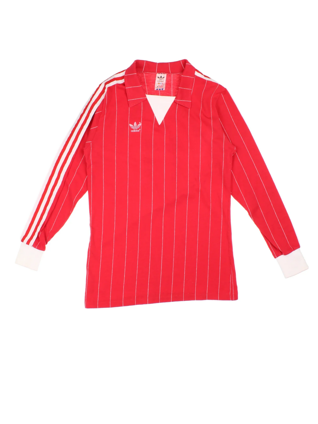 Vintage 80's Adidas Football Shirt in a red and white colourway with the logo printed on the front and Turbo Korborn number 11 on the back.
