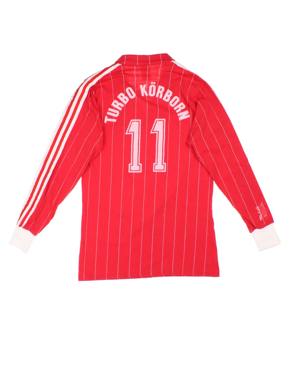 Vintage 80's Adidas Football Shirt in a red and white colourway with the logo printed on the front and Turbo Korborn number 11 on the back.