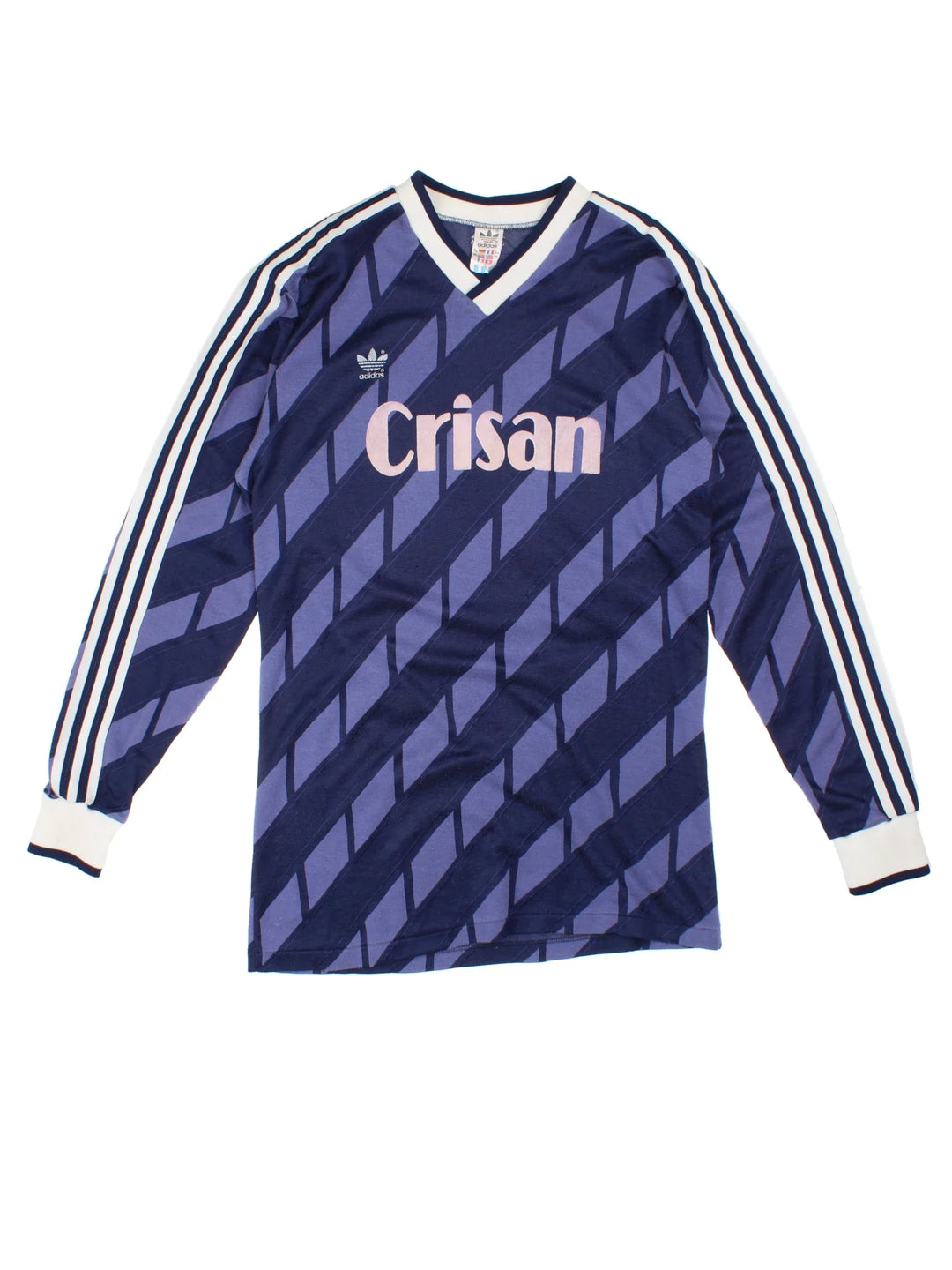 Vintage 80's Adidas Football Shirt in a blue and white colourway with the logo and sponsor printed on the front and number 14 on the back.