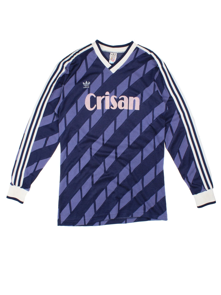 Vintage 80's Adidas Football Shirt in a blue and white colourway with the logo and sponsor printed on the front and number 14 on the back.