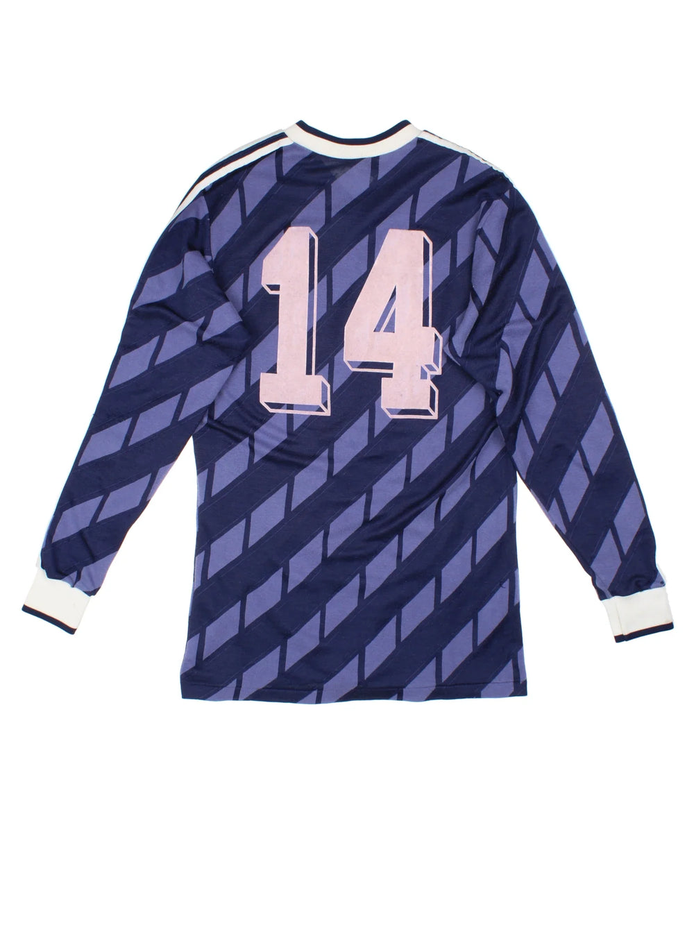 Vintage 80's Adidas Football Shirt in a blue and white colourway with the logo and sponsor printed on the front and number 14 on the back.