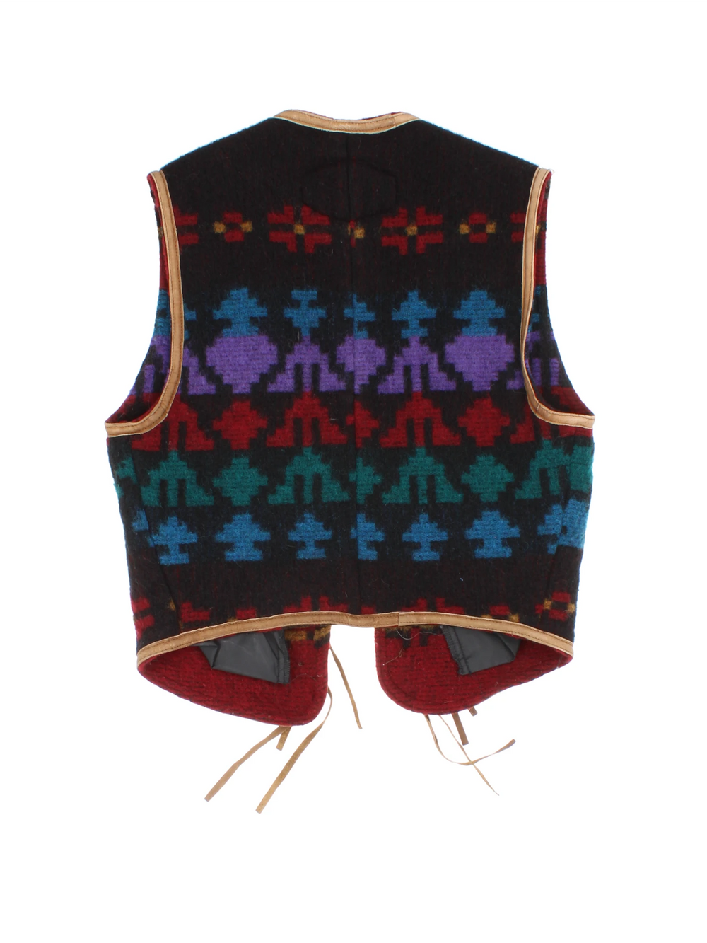 Woolrich patterned vest with geometric designs in red, blue and purple, tie-up closure with brown suede ribbons, and two pockets. 