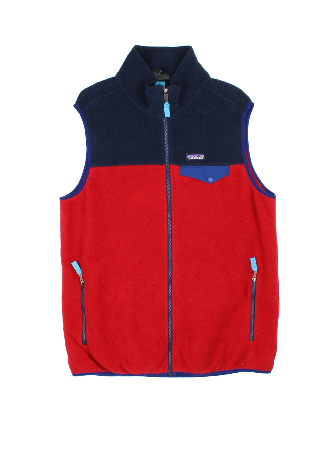 Vintage Patagonia Fleece Vest in a red and blue colourway. Zips up and has multiple pockets, contrast piping and has the logo embroidered on the front.