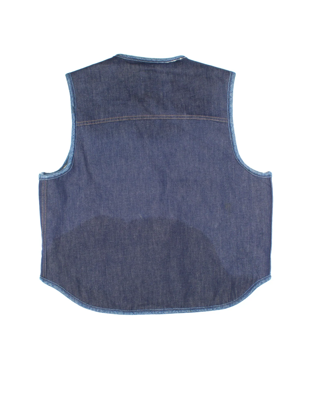Vintage Roebuck Denim Shearling Vest in a blue colourway. Buttons up, with front patch pockets and branding embroidered on front.
