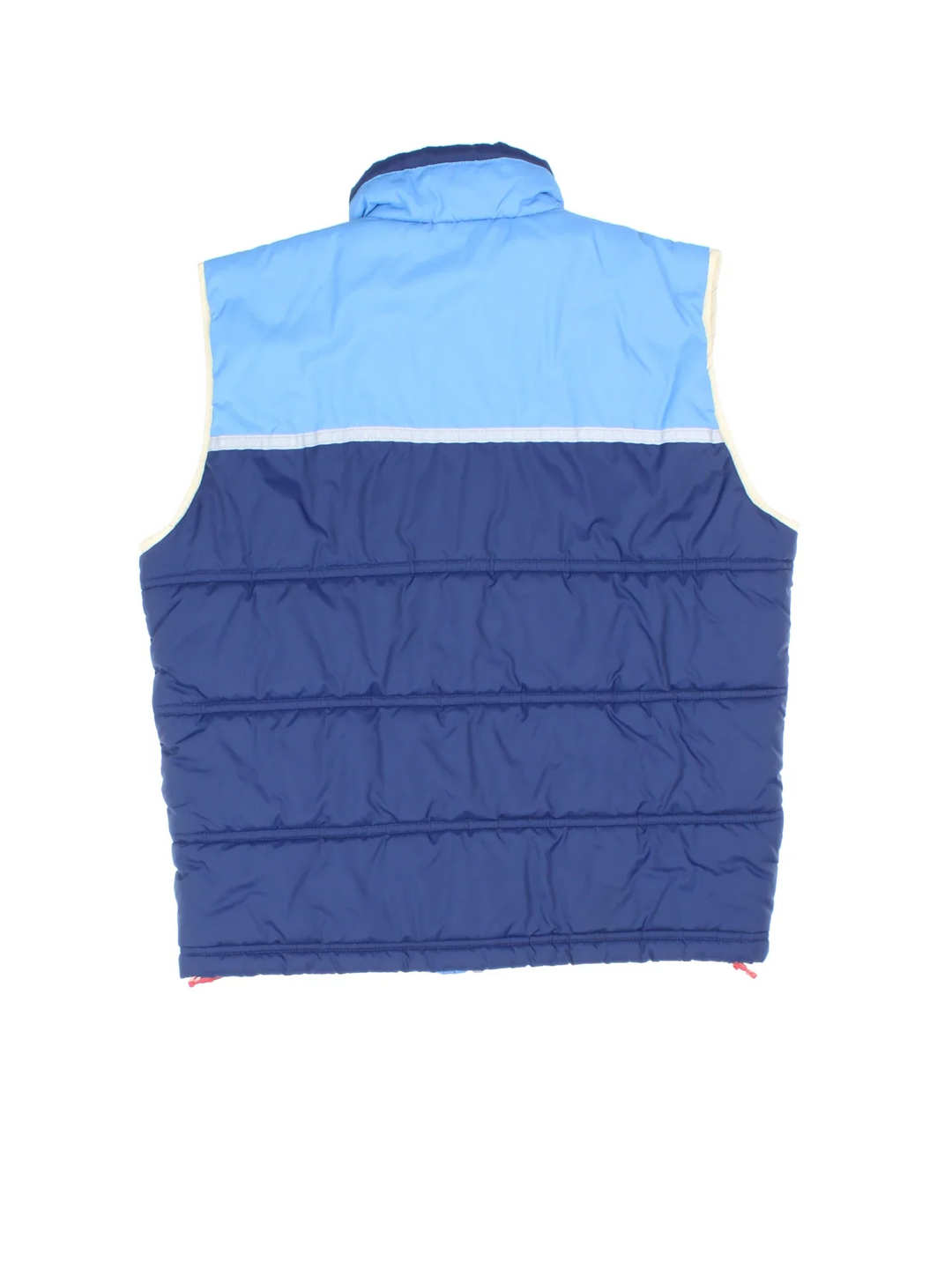 Adidas Puffer Gilet in a blue colourway. Zips up, with side pockets, contrast piping and branding embroidered on front.