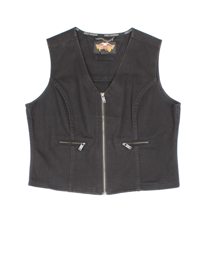 Harley-Davidson Motorcycles Vest in a black colourway. Zips up, with side zip pockets and branding and flames embroidered on the back.