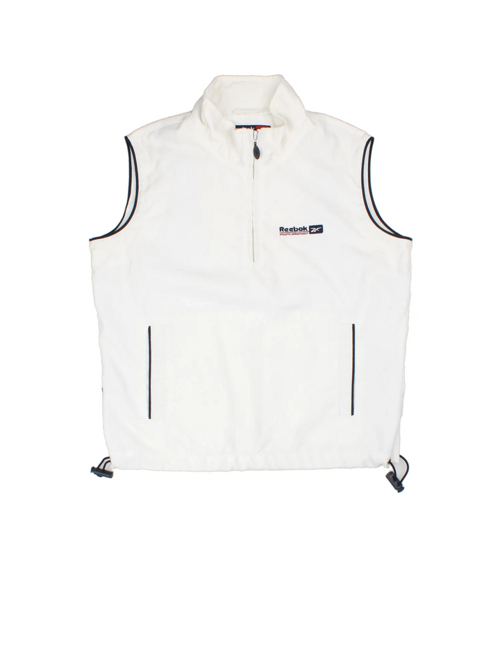 Reebok Athletic Department Pullover Vest in a white colourway. Half zip closure with a pouch pocket, and has the logo embroidered on the front and back.
