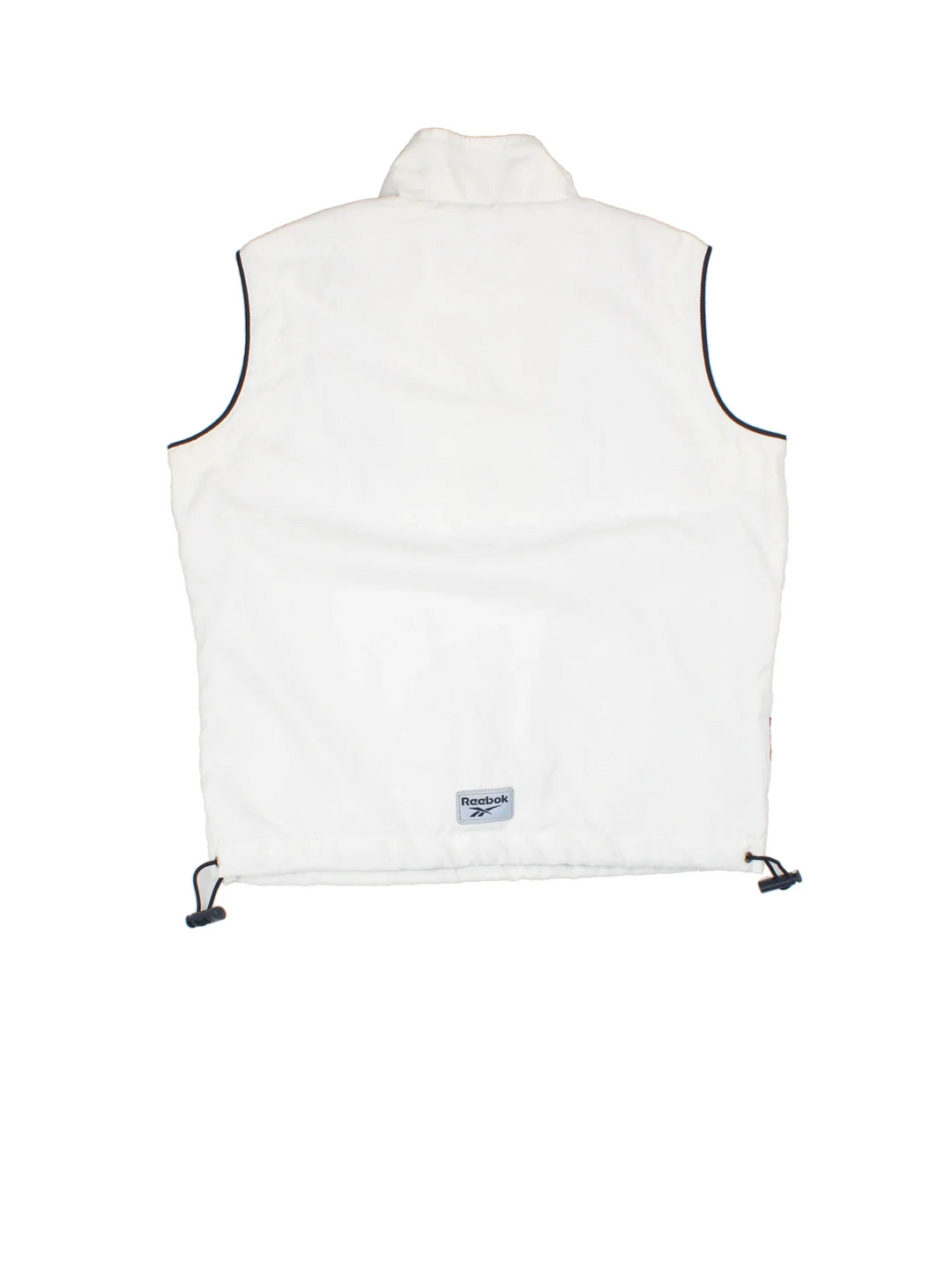 Reebok Athletic Department Pullover Vest in a white colourway. Half zip closure with a pouch pocket, and has the logo embroidered on the front and back.