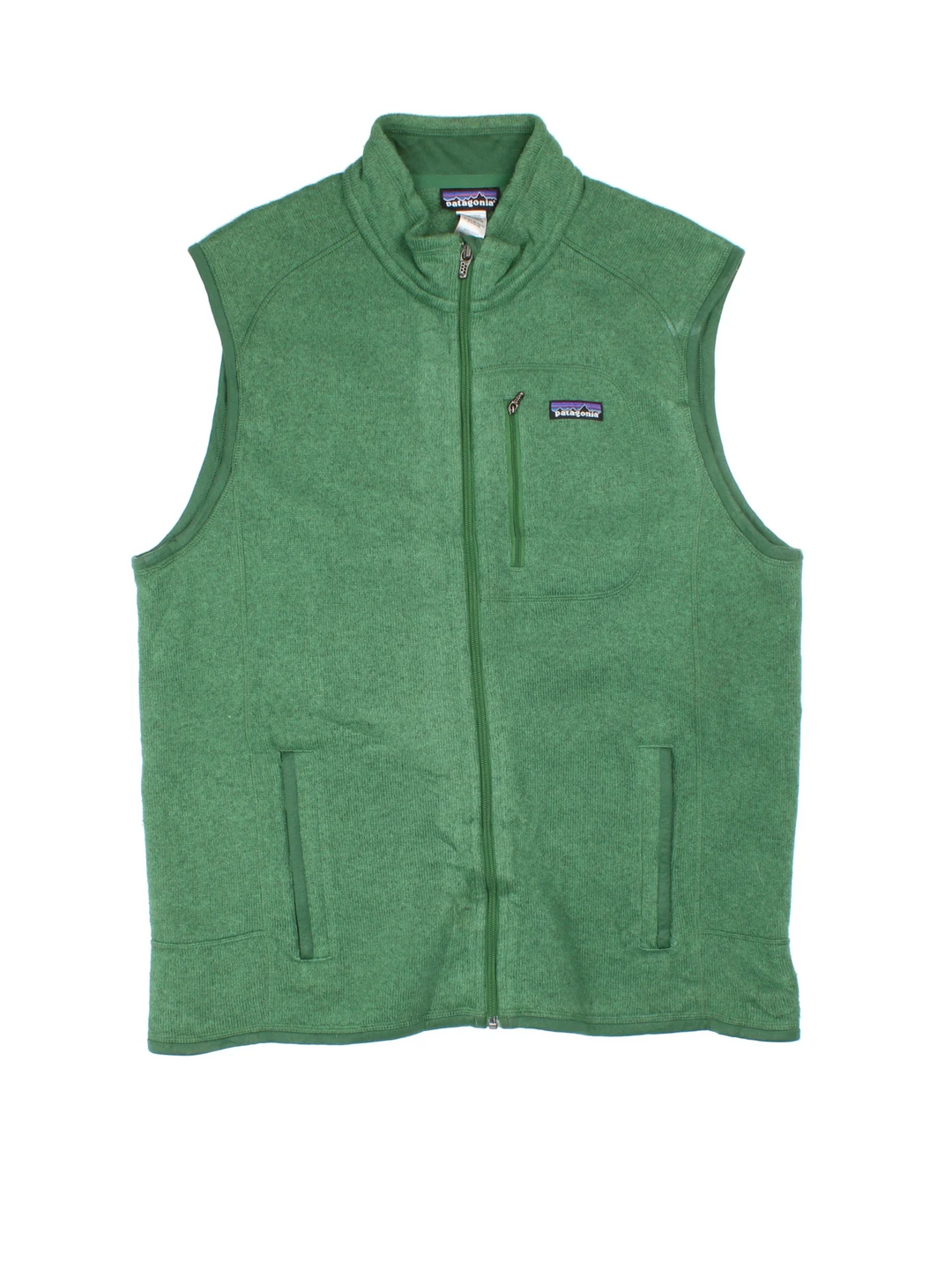 Patagonia Sweater Vest in a green colourway. Zip up closure with multiple pockets, and the logo embroidered on the front.