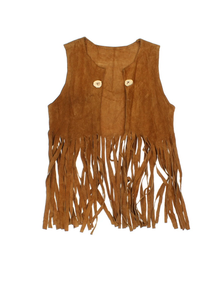 Vintage Western Suede Waistcoat in a brown colourway. Does not close, and has bone button details, and fringe tassels.