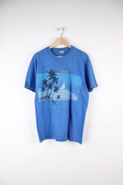Vintage Hawaii single stitch t-shirt in blue with printed graphic on the front and back  