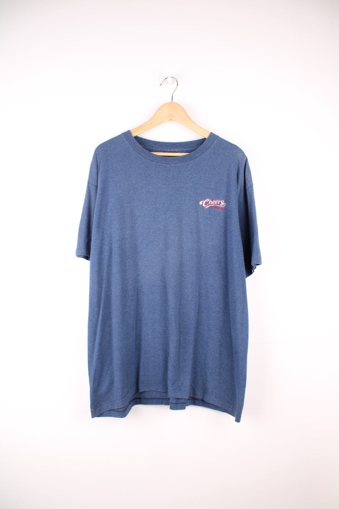 Navy blue horizontal striped tee with 'Cheers Boston' spellout embroidered on the top left. 
