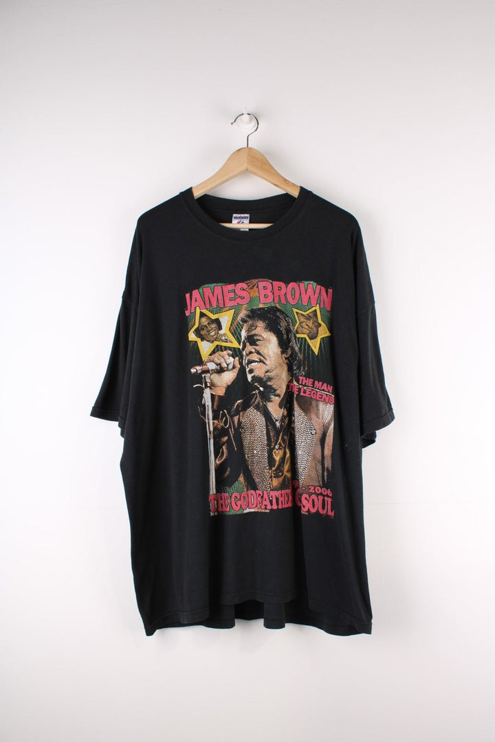 Vintage James Brown The Godfather Of Soul T-Shirt in a black colourway with graphic print of him and spell out on front and back.