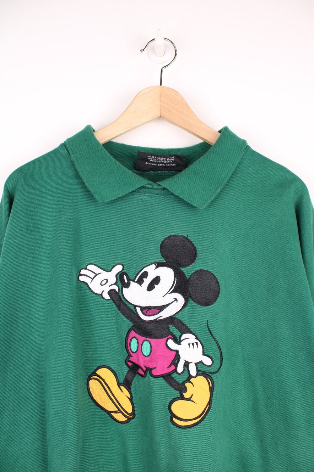 Vintage Disney Originals Mickey Mouse sweatshirt in a green colourway with Mickey embroidered on the front, also has a collar. 