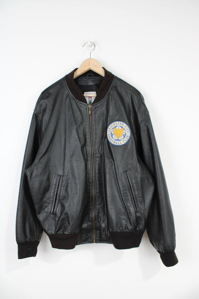 Vintage 90's Leicester City leather bomber jacket with embroidered logos and spell-out details on the front and back