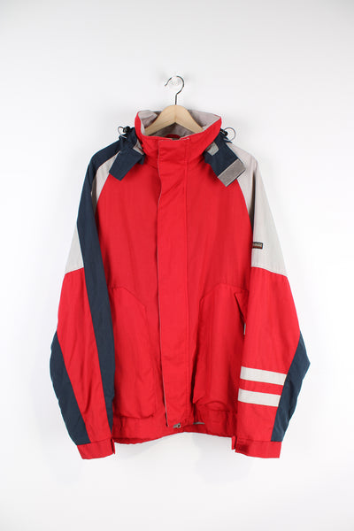 Napapijri red, outdoor jacket features embroidered badge on the sleeve, spell-out details on the back and removable hood