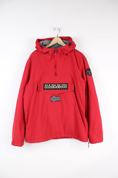 Napapijri red, fleece lined pullover jacket with embroidered badges on the front and sleeve