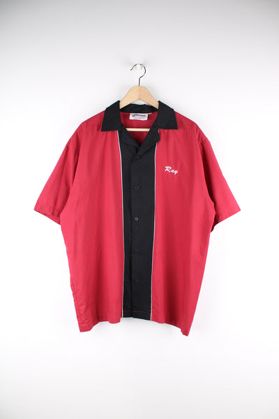 Vintage Crusin USA 'Arizona Prospectors' bowling shirt in red and black features embroidered name 'Ray' on the front and pin on the sleeve 