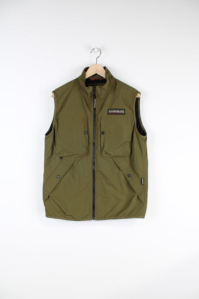 Napapijri khaki green zip through utility style gilet / vest features multiple pockets and signature logo on the chest