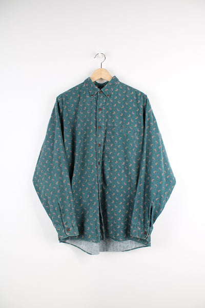 Vintage Bon Homme paisley patterned shirt in green, button up with chest pocket.