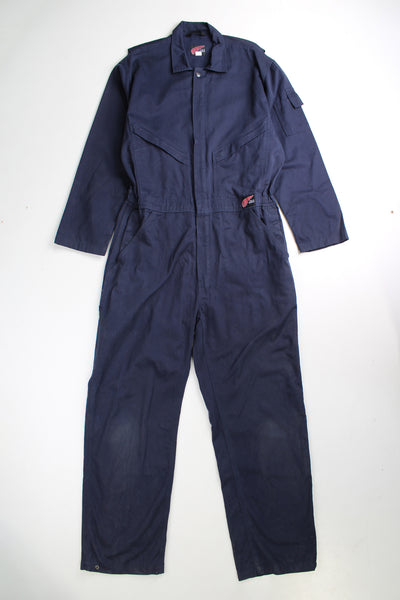 Red Wing full length cotton jumpsuit in navy blue with embroidered logo on the waistband. Waistband is elasticated at the back and closes . good condition- some marks on the legs (see images) Size in Label: UK Mens 42 (L)