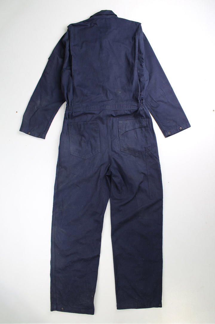 Red Wing full length cotton jumpsuit in navy blue with embroidered logo on the waistband. Waistband is elasticated at the back and closes . good condition- some marks on the legs (see images) Size in Label: UK Mens 42 (L)