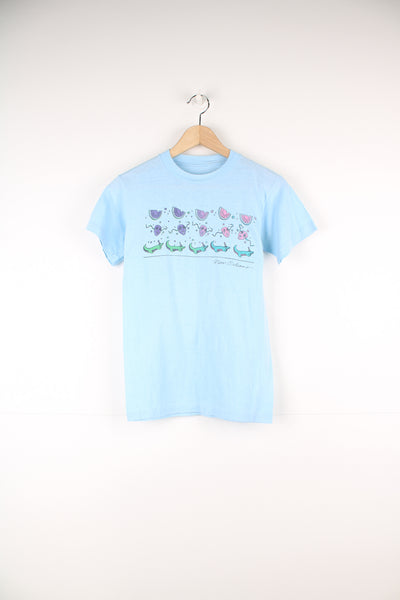 Vintage 70's/80's New Orleans baby blue, single stitch graphic tee with watermelon print/crocodile print on the front. 