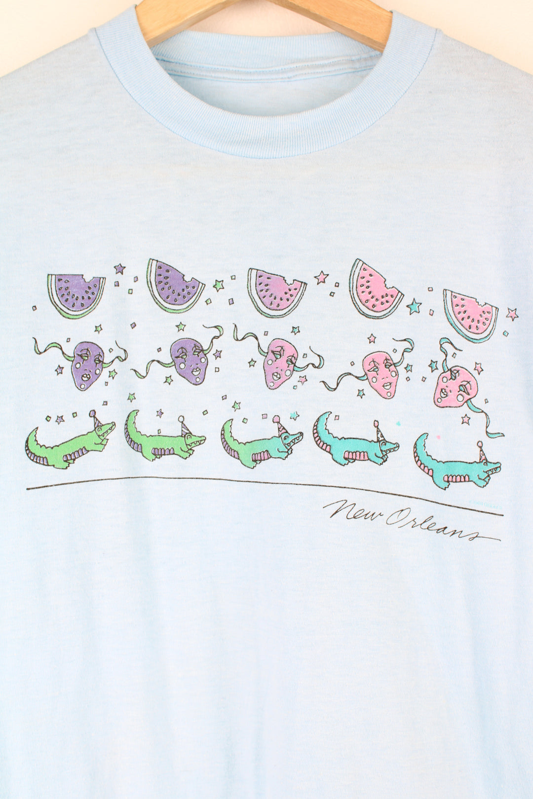Vintage 70's/80's New Orleans baby blue, single stitch graphic tee with watermelon print/crocodile print on the front. 