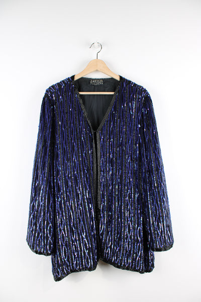 Vintage women's black and purple beaded sequinned blazer with single clasp at the top