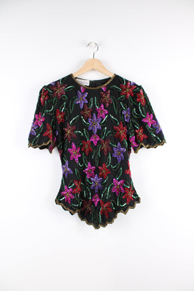 Vintage Laurence Kazar silk floral beaded evening/party top, with zip closure