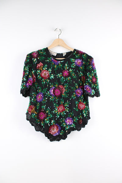 Vintage Laurence Kazar silk floral sequinned, beaded evening/party top, with zip closure