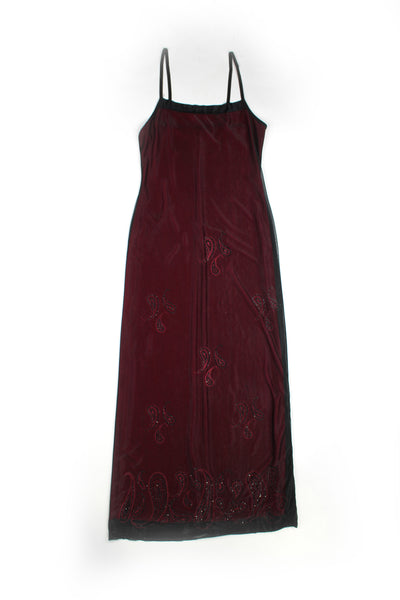 Y2K hot pink with sheer black mesh outer maxi dress, features paisley sequinned details and spaghetti straps