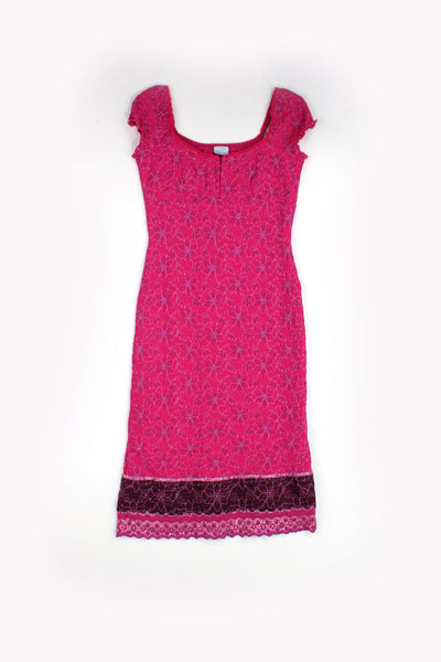 Y2K hot pink embroidered floral midi dress, with scalloped hem and babydoll neckline 