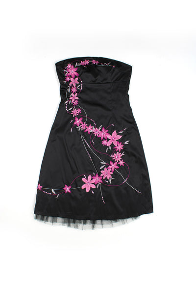 Black Y2K Jane Norman strapless satin dress with pink embroidered floral design on the front. Closes with a zip at the back.