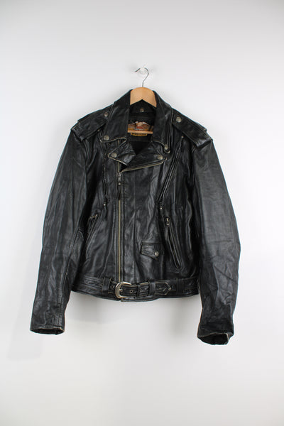 Vintage Harley Davidson Leather Biker Jacket in a black colourway, zip up with big collar, multiple pockets and ventilation zips, and has an adjustable waist belt.