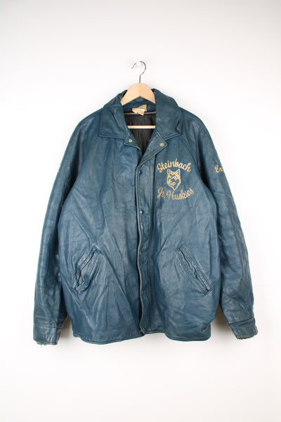 Vintage looks like 1960's Harv-Al-Sportswear Steinbach Jr Huskies blue leather zip through jacket with embroidered details and zip off removable lining 