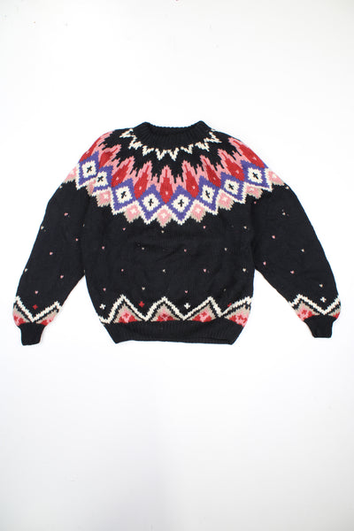 Vintage nordic style black, pink and purple crew neck knitted jumper