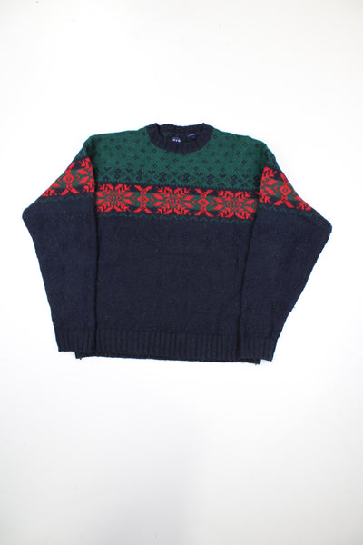 Vintage navy blue and green festive fair isle knitted jumper by Gap