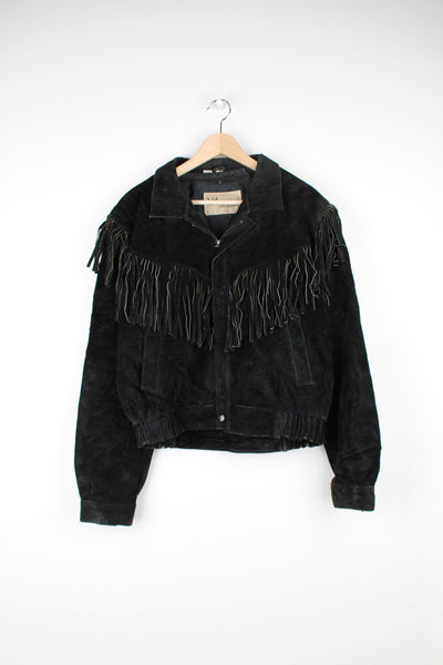 Vintage Wilson's black suede leather jacket with fringe details on the back of the shoulders