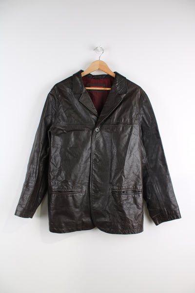 Vintage Emporio Armani Leather Jacket in a brown colourway, button up with a big collar, and has multiple pockets.