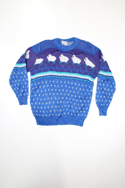Vintage 1980's made in USA blue knitted crew neck jumper, features sheep design 