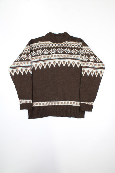Vintage Fairisle style brown and cream high neck knitted jumper