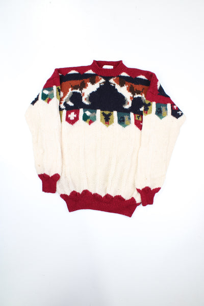 Vintage looks likes 80s/90s cream knitted jumper with dog motif along the chest and shoulders