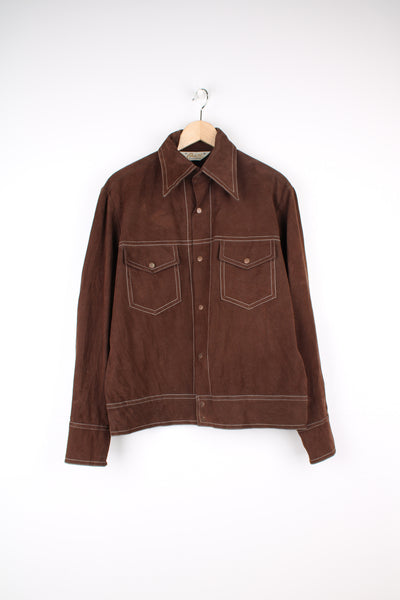 Vintage 1960's Capri West faux suede shirt/jacket in brown, features dagger collar, white contrast stitching and double chest pockets 