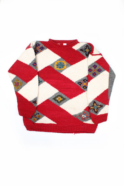 Vintage chunky  knit jumper with red, cream and grey geometric motif on the front. 100% wool and handmade in Ecuador.  good condition  Size in Label:  No Size - Measures like a size L/ XL 