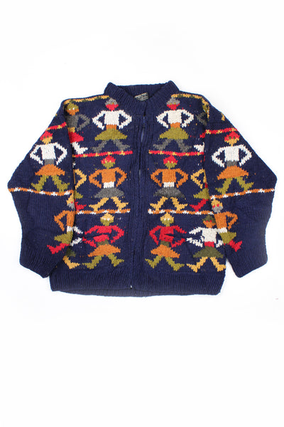Vintage chunky knit cardigan in navy blue with interesting design that looks like little people. 100% wool, closes with a zip.    good condition  Size in Label:  No Size - Measures like a size L