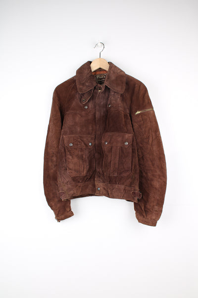 Vintage Hide's at Alexander's brown suede zip through bomber jacket with pockets and zip up pocket on the shoulder 